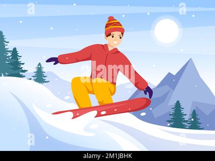 Snowboard avec des personnes qui glissent et sautent sur Snowy Mountain Side ou Slope Inside Flat Cartoon modèles dessinés à la main Illustration Illustration de Vecteur
