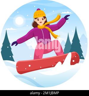 Snowboard avec des personnes qui glissent et sautent sur Snowy Mountain Side ou Slope Inside Flat Cartoon modèles dessinés à la main Illustration Illustration de Vecteur