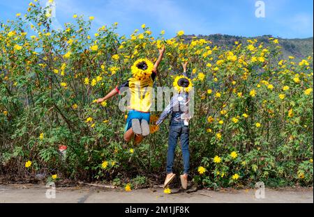 Chu Dang Ya commune, Chu PAH district, province de Gia Lai, Vietnam - 7 novembre 2022 : les enfants sont excités parmi les tournesols sauvages qui fleurissent brillamment Banque D'Images