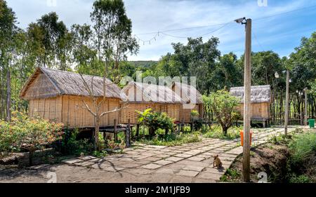 Chu Dang Ya commune, Chu PAH district, province de Gia Lai, Vietnam - 7 novembre 2022: Maisons entièrement en bambou et feuilles de minorités ethniques dans Banque D'Images