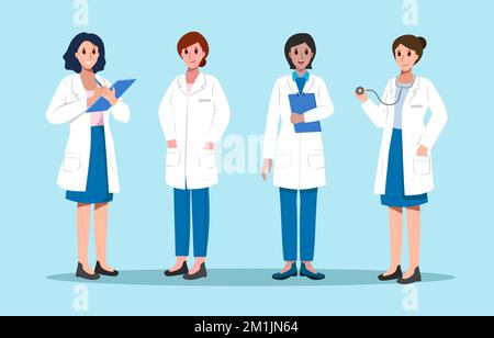Lady médecin avec le blanc manteau de retenue de carte et stéthoscope . Dessin de personnages de dessin animé . Vecteur . Illustration de Vecteur