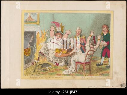 Avantages de porter des robes de mousseline! , Officiers militaires, robes, manger et boire, feux, Accidents. James Gillray (1756-1815). Impressions et mises en plan Banque D'Images