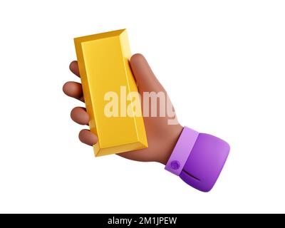 3d rend la main noire tenant le lingot doré isolé sur fond blanc. Finance richesse, concept d'investissement avec homme d'affaires paume tenir or barre de métal, Illustration en plastique de dessin animé style minimal Banque D'Images