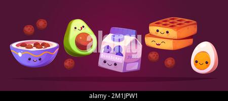 Personnages de la cuisine de Kawaii, repas de petit-déjeuner de dessin animé. Jus mignon, gaufres, bol avec boules de chocolat avec lait, avocat et demi-œufs ensemble isolé. Drôle adorables menu enfants personnages, illustration vectorielle Illustration de Vecteur