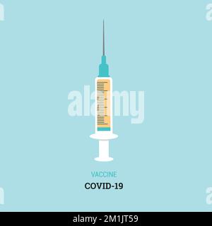 Seringue avec l'icône du vaccin Covid-19 en forme plate. Concept de vaccination Illustration de Vecteur