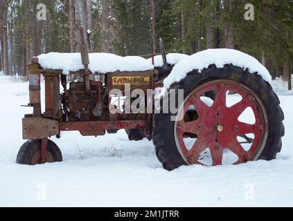 Un vieux tracteur à gaz 1938 ou 1939 de modèle F-14 de Farmall International dans la neige, dans une zone boisée le long de Callahan Creek, Troy, Montana. Banque D'Images