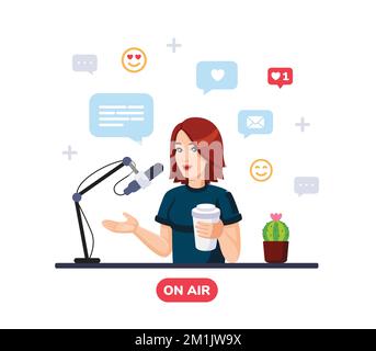 Une jeune fille de podcaster parle au microphone pour enregistrer un podcast en studio. Illustration vectorielle de style plat. Concept de podcasting Illustration de Vecteur