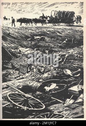 La caravane passe devant les cadavres. Ancienne illustration en noir et blanc. Dessin vintage. Illustration par Zdenek Burian. Zdenek Michael Frantisek Burian (11 février 1905 à Koprivnice, Moravie, Autriche-Hongrie 1 juillet 1981 à Prague, Tchécoslovaquie) est un peintre, illustrateur de livres et paléoartiste tchèque dont les travaux ont joué un rôle central dans le développement de la reconstruction paléontologique. À l'origine reconnue uniquement en Tchécoslovaquie natale, la renommée de Burian s'est par la suite étendue à un public international au cours d'une carrière remarquable s'étendant sur six décennies (1930s à 1980s). Il est considéré par beaucoup comme Banque D'Images