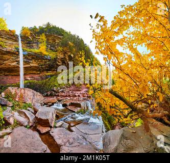 Chute d'eau grand angle depuis le dessous sur plusieurs bords de falaise avec un énorme arbre à feuilles dorées Banque D'Images