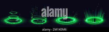 Portails numériques circulaires, plates-formes de lumière au néon avec lueur et sparkles isolés sur fond noir. Podiums futuristes téléportiques, aura de guérison pour le jeu i Illustration de Vecteur