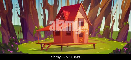 Maison en bois sur pilotis sur forêt verte paysage de glades. Illustration vectorielle de dessin animé d'une petite cabane confortable avec échelle entourée de grands arbres, herbe, bloomin Illustration de Vecteur