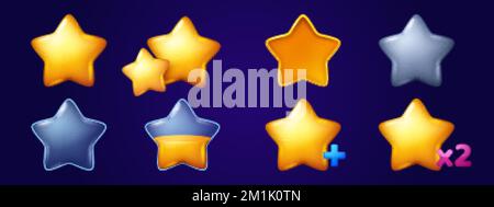 Icônes étoiles dorées pour l'interface utilisateur du jeu. Symboles de récompense, réalisation, classement, bonus avec boutons brillants d'étoiles jaunes, argentées et claires, voiture vectorielle Illustration de Vecteur