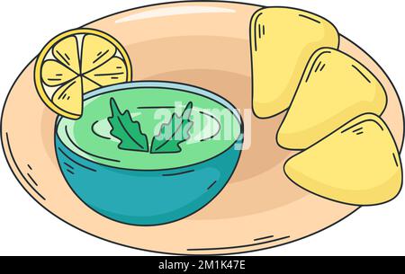 Illustration du vecteur de casse-croûte national mexicain de guacamole. Clip art. De la cuisine latino-américaine Crème froide avec avocat et épices avec nachos Illustration de Vecteur