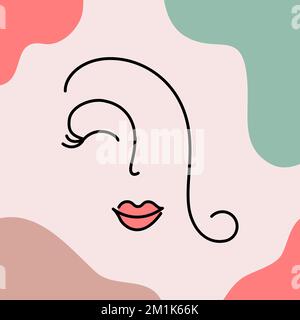 Années 60 coiffure ligne art femme visage. Magnifique portrait linéaire souriant féminin. Tête de fille avec lèvres rouges et cils. Art. Ligne cubisme abstrait Illustration de Vecteur