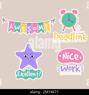 Lot d'autocollants de travail et de travail génial. Jeu d'autocollants de récompense pour les enseignants et les enfants. Illustration vectorielle dessinée à la main. Illustration de Vecteur