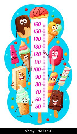 Tableau des hauteurs pour enfants avec desserts à base de crème glacée. Appareil de mesure de croissance de stadiomètre à vecteur de dessin animé, autocollant mural de mesure de la hauteur avec cône de glace, popsicle, gelato et esquimau, fruit ou gaufré personnages drôles Illustration de Vecteur