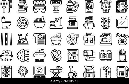 Les icônes de routine quotidiennes définissent le vecteur de contour. La vie quotidienne. Sommeil à l'école Illustration de Vecteur