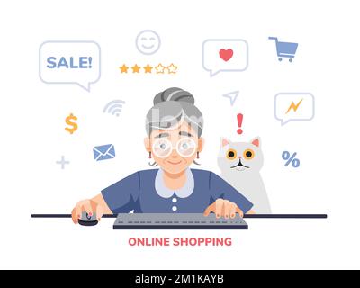 Une heureuse vieille femme excitée, âgée, retraitée, grand-mère fait des achats en ligne sur l'ordinateur, ordinateur portable avec un animal de compagnie surpris, chat. Illustration de dessin animé vectoriel plat coloré mignon Illustration de Vecteur