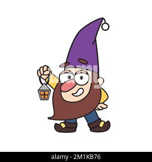 Petit gnome, nain, oldman, jardinier tient une lanterne de style dessin animé. Illustration vectorielle colorée pour enfants, personnage de dessin, mascotte, s Illustration de Vecteur