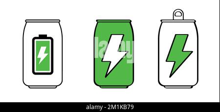 Dessin de boîtes de boissons énergisantes. boîte à boissons électriques. Boisson énergétique dans une boîte de tirage. Sport, concept d'équilibre de forme physique. Bouteille vide ou pleine. icône de batterie Banque D'Images