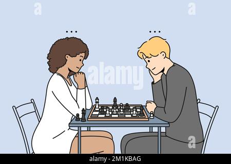 Un couple heureux s'assoit au bureau pour jouer ensemble aux échecs. Homme et femme engagés dans le jeu de plateau logique à la table. Loisirs et divertissement. Illustration vectorielle. Illustration de Vecteur