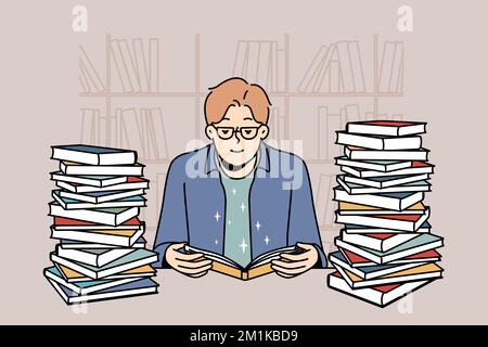 Un jeune homme intelligent en verre s'assoit dans la bibliothèque avec une pile de livres à lire. Un gars intelligent aime étudier la littérature au bureau avec des piles de manuels. Illustration vectorielle. Illustration de Vecteur