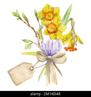 Aquarelle composée à la main avec fleurs de printemps, crocus, gouttes de neige, jonquilles, arc, étiquette cadeau. Isolé sur fond blanc. Pour les invitations Banque D'Images