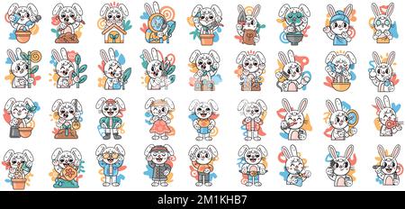 Une illustration numérique d'un ensemble d'un adorable personnage de lapin faisant différentes tâches Illustration de Vecteur