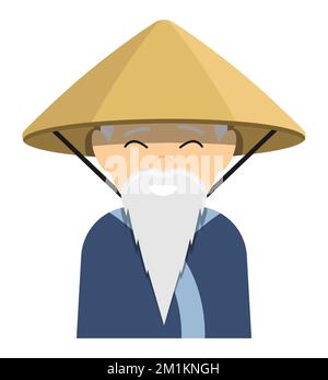 Homme asiatique âgé avec une longue barbe grise portant un chapeau rond national en paille. Fermier thaïlandais en robe traditionnelle. Personnage de dessin animé. Vecteur isolé sur blanc Illustration de Vecteur