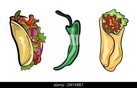 Vector cuisine traditionnelle mexicaine burrito Chili et tacos dessinés dans le style de dessin animé plat. Illustration de Vecteur