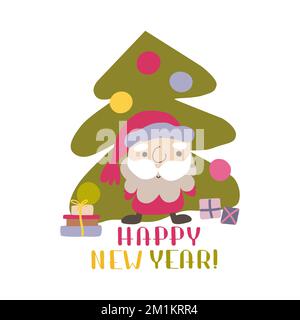 Joli Père Noël et sapin de Noël. Illustration de l'oodle dessinée à la main avec le lettrage Bonne Année. dessiné à la main Illustration de Vecteur