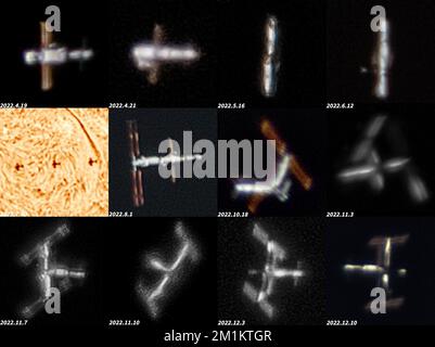 (221213) -- BEIJING, 13 décembre 2022 (Xinhua) -- cette photo combinée montre différentes configurations de la station spatiale chinoise depuis avril 2022. POUR ALLER AVEC 'profil: Photographe astronomique chassant la station spatiale chinoise' (photo de Liu Boyang/Xinhua) Banque D'Images