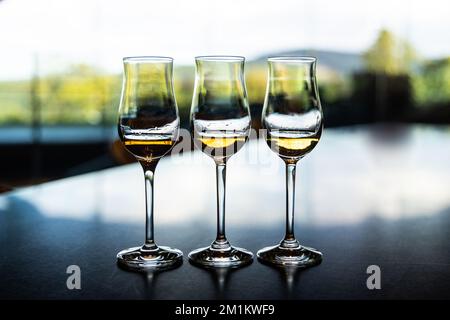 Trois verres à whisky contenant un whisky de malt unique d'une année différente et de qualité pour la dégustation Banque D'Images