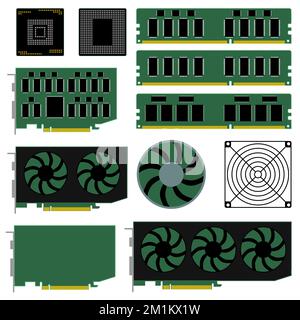 Ensemble de composants matériels et informatiques isolés sur fond blanc. Processeur, carte graphique vidéo, RAM. Clipart vectoriel. Illustration de Vecteur