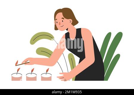 Femme éclairant des bougies à l'aide de allumettes, bougies parfumées en pots, aromathérapie à la maison, intérieur confortable, illustration vectorielle plate Illustration de Vecteur