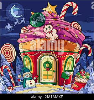 Illustration d'une maison de Noël en forme de gâteau Banque D'Images