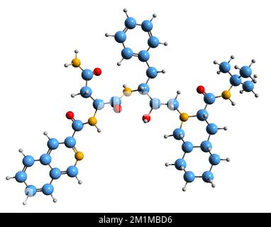 3D image de la formule squelettique du saquinavir - structure chimique moléculaire du médicament antirétroviral isolé sur fond blanc Banque D'Images