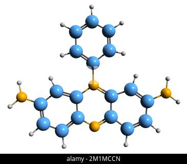 3D image de la formule squelettique de la phénosafranine - structure chimique moléculaire du pinasafrole fluorochrome isolé sur fond blanc Banque D'Images