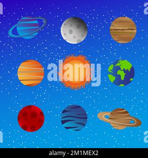 Ensemble de planètes lumineuses colorées du système solaire contre le fond du ciel nocturne avec des étoiles. Style plat. Illustration vectorielle Illustration de Vecteur