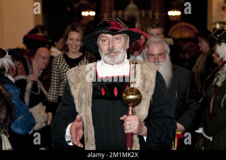 20120304 - RUPELMONDE, BELGIQUE: Illustration de l'anniversaire 500th du cartographe Gerardus Mercator Gerard de Kremer dans son lieu de naissance Rupelmonde, dimanche 04 mars 2012. Mercator se souvient de la carte du monde de projection Mercator, une projection de carte cylindrique qu'il a présentée en 1569. La carte est devenue la carte standard à des fins nautiques. BELGA PHOTO CHRISTOPHE KETELS Banque D'Images