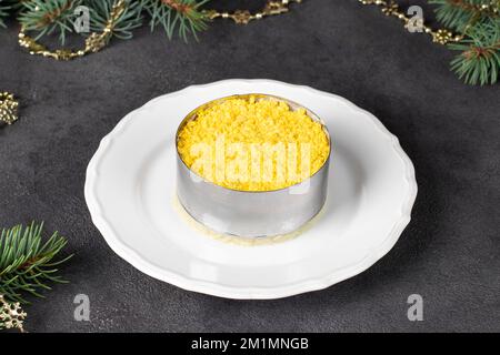 Assemblage d'une salade de fête sur une assiette à l'aide d'une bague de service Banque D'Images