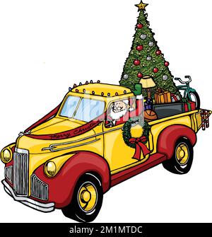 santa conduite jaune camion de noël avec arbre Illustration de Vecteur