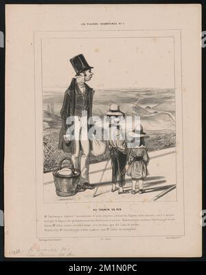 Au chemin de fer. - M. Charlemagne déplore l'inconvenien d'avoir toujours à passer les paquets et les garçons, car il a encore - manqué le compte de quelques secondes, seulement, il est vrai. Heueuement madame Charlemagne et son cousin M. Jules seront arrimés à temps. Ce n'est pas que quarante-cinq sous de perdus. - Néanmoins M. Charlemagne pente à plus dense que M. Jules est ennuyeux ,. Paul Gavarni (1804-1866). Lithographies et autres œuvres Banque D'Images