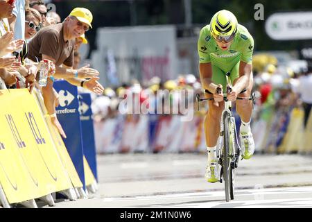 20120709 - BESANÇON, FRANCE: Slovaque Peter Sagan de Liquigas-Cannondale photographié pendant la neuvième étape de l'édition 99th de la course cycliste Tour de France, un procès individuel de 41,5km d'Arc-et-Senans à Besançon, France, le lundi 09 juillet 2012. BELGA PHOTO KRISTOF VAN ACCOM Banque D'Images