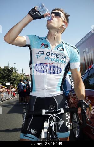 20120711 - BELLEGARDE-SUR-VALSERINE, FRANCE: Les Déséries belges d'Omega Pharma-Quick Step photographiée après la dixième étape de l'édition 99th de la course cycliste Tour de France, à 194,5 km de Macon à Bellegarde-sur-Valserine, France, le mercredi 11 juillet 2012. BELGA PHOTO KRISTOF VAN ACCOM Banque D'Images