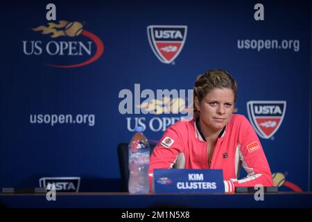 20120825 - NEW YORK, ETATS-UNIS : photo de la Belge Kim Clijsters lors d'une conférence de presse, devant le tournoi de tennis américain Open Grand Chelem, à Flushing Meadows, à New York City, Etats-Unis, le samedi 25 août 2012. L'US Open commence le 27 août 2012. BELGA PHOTO YORICK JANSENS Banque D'Images