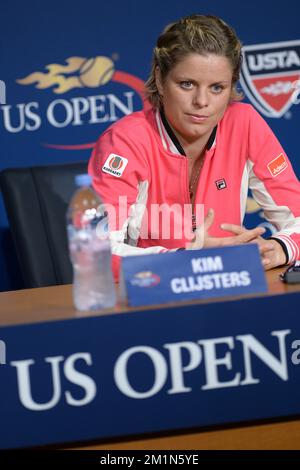 20120825 - NEW YORK, ETATS-UNIS : photo de la Belge Kim Clijsters lors d'une conférence de presse, devant le tournoi de tennis américain Open Grand Chelem, à Flushing Meadows, à New York City, Etats-Unis, le samedi 25 août 2012. L'US Open commence le 27 août 2012. BELGA PHOTO YORICK JANSENS Banque D'Images