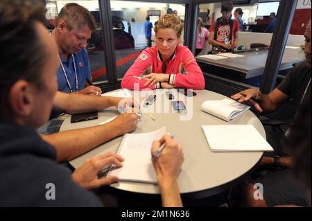 20120825 - NEW YORK, ETATS-UNIS : photo de la Belge Kim Clijsters lors d'une conférence de presse, devant le tournoi de tennis américain Open Grand Chelem, à Flushing Meadows, à New York City, Etats-Unis, le samedi 25 août 2012. L'US Open commence le 27 août 2012. BELGA PHOTO YORICK JANSENS Banque D'Images