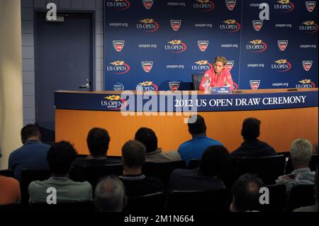 20120825 - NEW YORK, ETATS-UNIS : photo de la Belge Kim Clijsters lors d'une conférence de presse, devant le tournoi de tennis américain Open Grand Chelem, à Flushing Meadows, à New York City, Etats-Unis, le samedi 25 août 2012. L'US Open commence le 27 août 2012. BELGA PHOTO YORICK JANSENS Banque D'Images