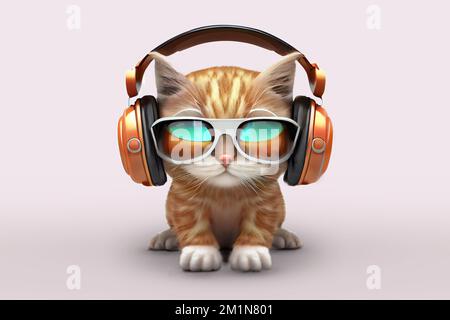 un joli chaton au gingembre tendance portant des lunettes de soleil et des écouteurs orange écoute de la musique sur fond blanc vide. Banque D'Images